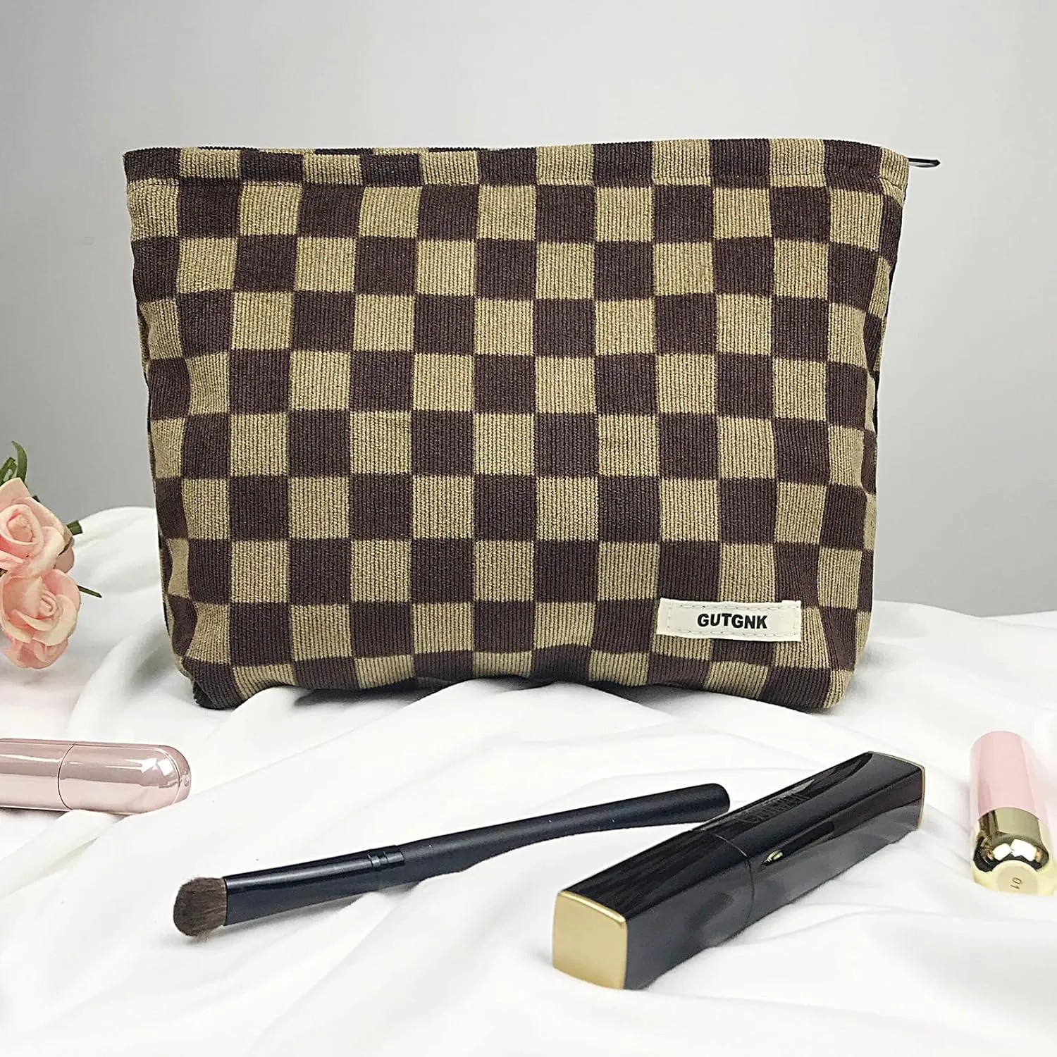 GUTGNK Women's Cosmetic Bag, Corduroy Checkerboard Travel Cosmetic Bag Small Cosmetic Bag Skin Care Cosmetic Changing Handy Bag Zipper Organizer