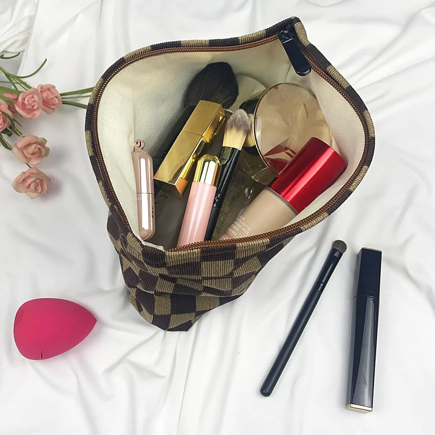 GUTGNK Women's Cosmetic Bag, Corduroy Checkerboard Travel Cosmetic Bag Small Cosmetic Bag Skin Care Cosmetic Changing Handy Bag Zipper Organizer