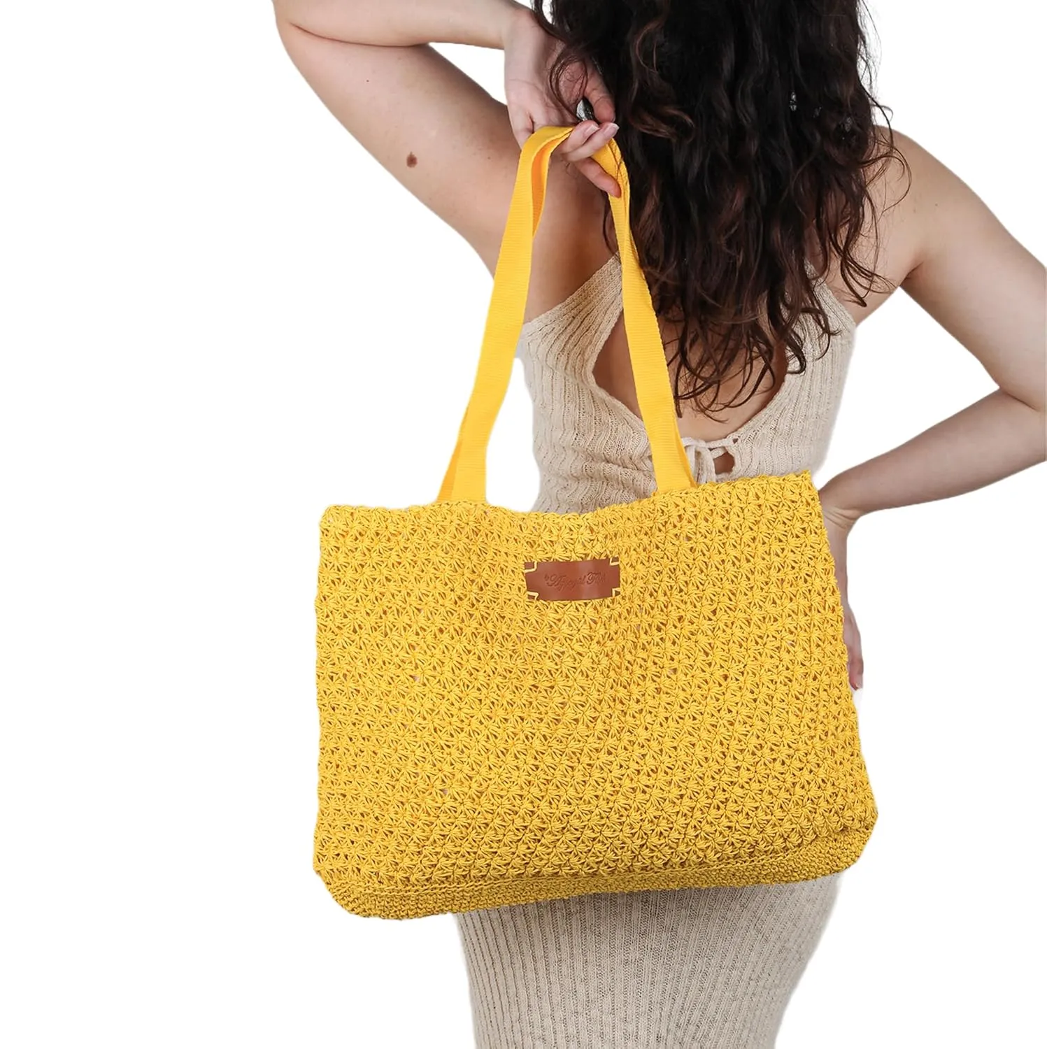 Handmade Summer Beach Tote Bag Knitted Beach Tote Shoulder Bag for Women, Handwoven Paper Rope Beach Knit Bag, Women Shoulder Hippie Bags, Pool Bags and Totes (Yellow)