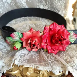 Handmade Vintage Red Rose Flowers Women's Leather Belt Handmade Vintage Red Rose Flowers Women's Leather Belt