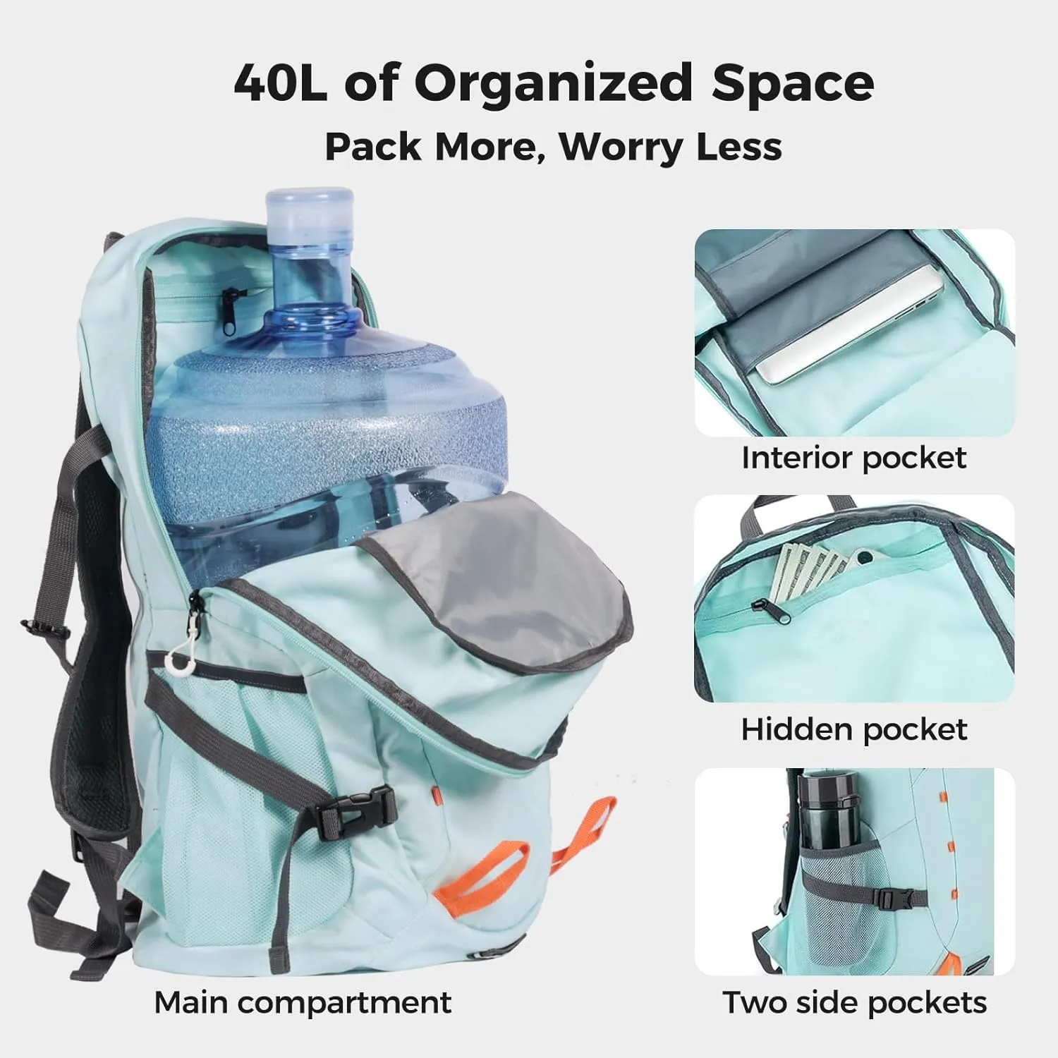 Hiking Backpack,40L Travel Backpacks for Men Women,Water Resistant Ultra Lightweight Foldable Packable Camping Daypack,Light Blue