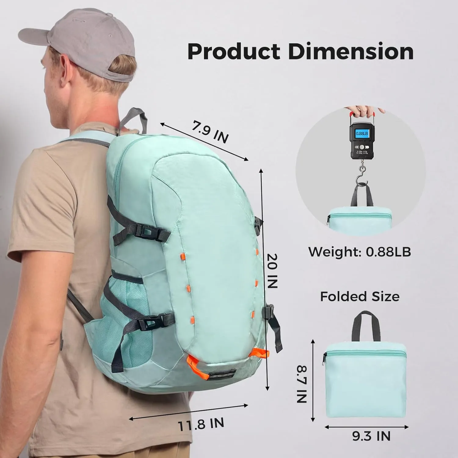 Hiking Backpack,40L Travel Backpacks for Men Women,Water Resistant Ultra Lightweight Foldable Packable Camping Daypack,Light Blue