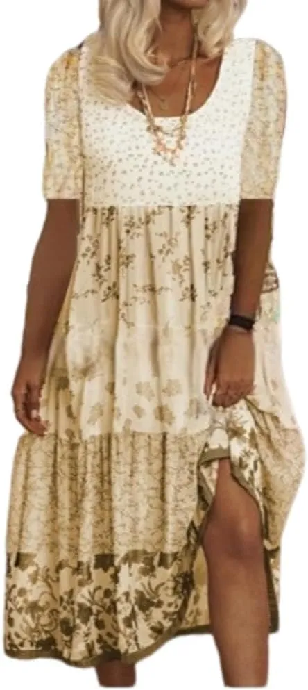 HOTYD Boho Floral Midi Dress for Women Patchwork Sleeveless Crew Neck Summer Casual Loose Flowy Tiered Dress Plus Size