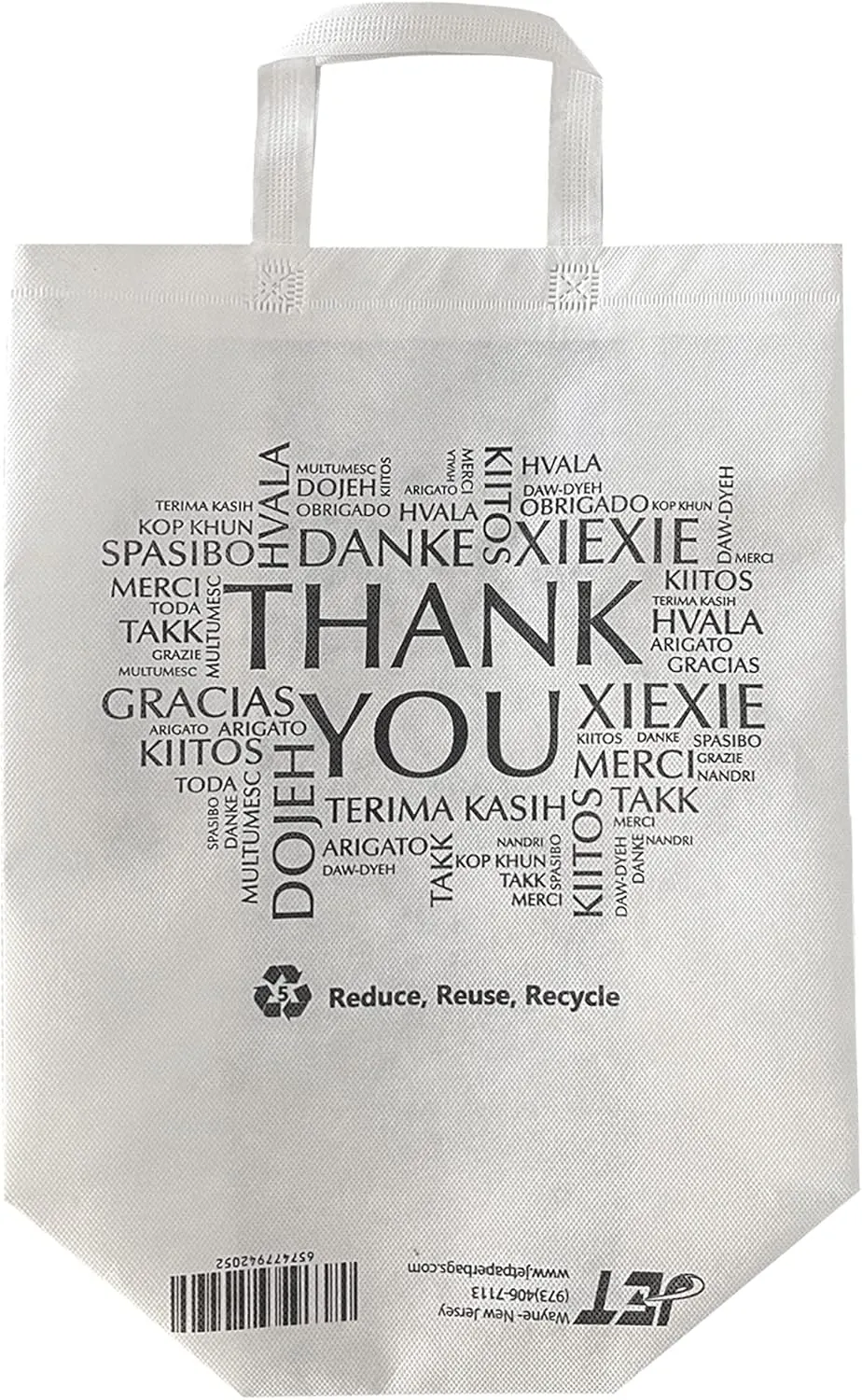 JET PAPER BAGS 13.5x7.7x15.5 Non-woven Reusable White Bags - Thank You printed in all languages - Recyclable