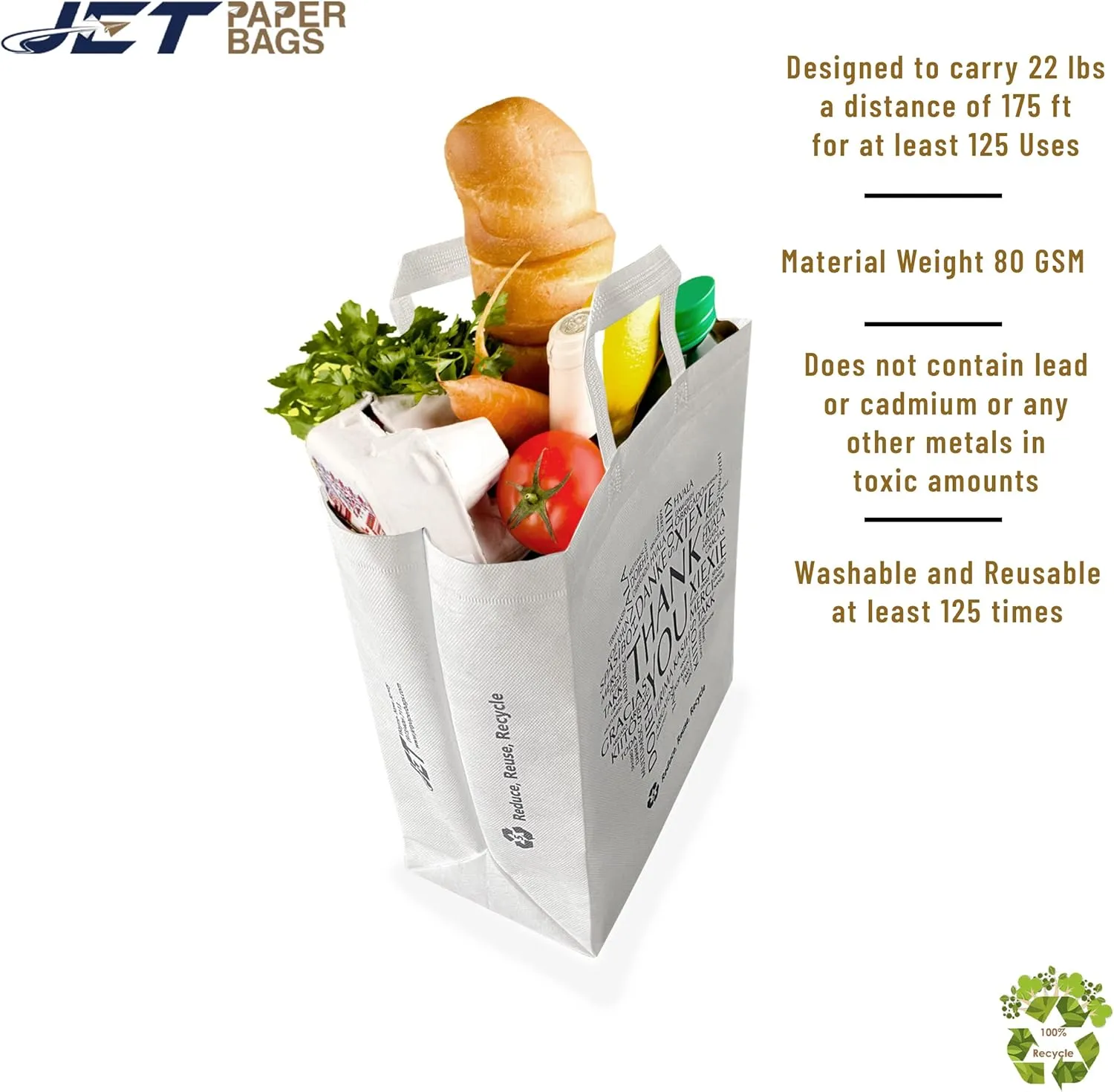 JET PAPER BAGS 13.5x7.7x15.5 Non-woven Reusable White Bags - Thank You printed in all languages - Recyclable