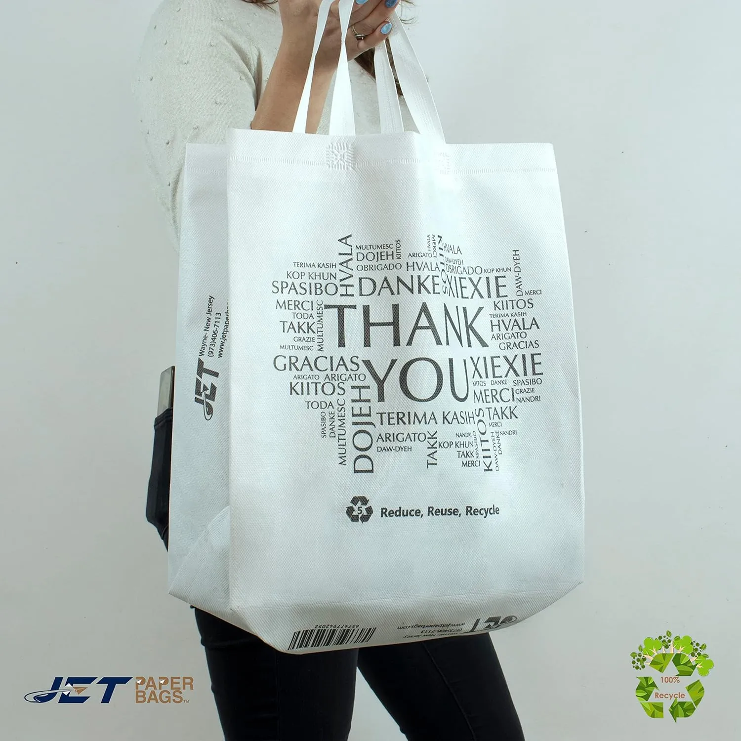 JET PAPER BAGS 13.5x7.7x15.5 Non-woven Reusable White Bags - Thank You printed in all languages - Recyclable