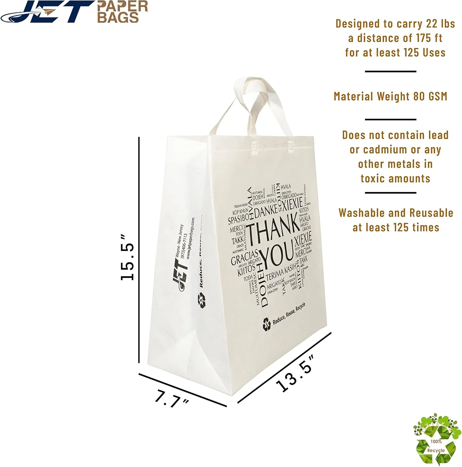 JET PAPER BAGS 13.5x7.7x15.5 Non-woven Reusable White Bags - Thank You printed in all languages - Recyclable