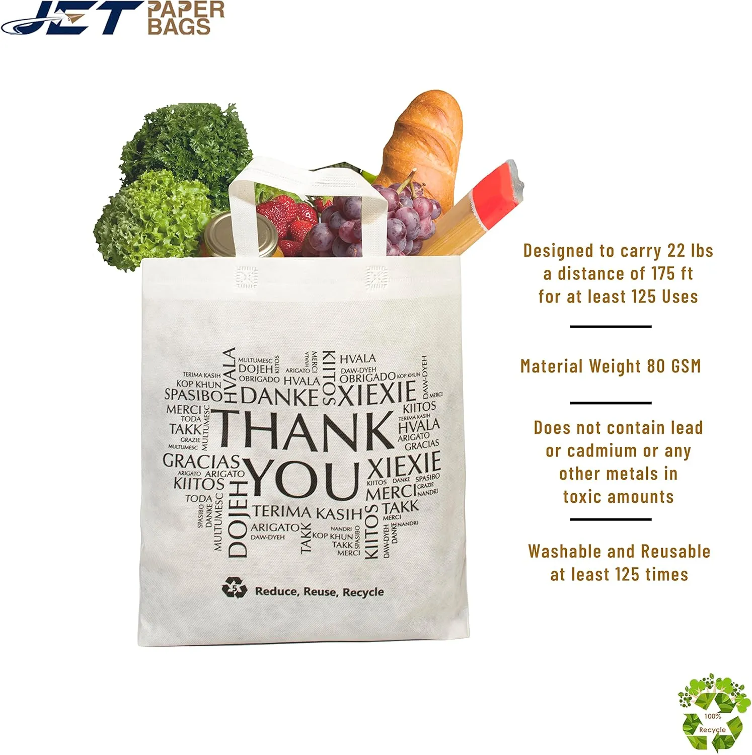 JET PAPER BAGS 13.5x7.7x15.5 Non-woven Reusable White Bags - Thank You printed in all languages - Recyclable