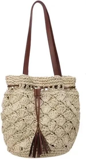 JHTPSLR Boho Straw Bucket Bag Drawstring Beach Bag Woven Shoulder Bags for Women Summer Travel Vacation Picnic