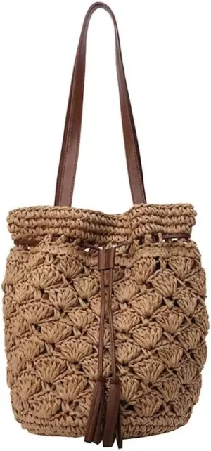 JHTPSLR Boho Straw Bucket Bag Drawstring Beach Bag Woven Shoulder Bags for Women Summer Travel Vacation Picnic