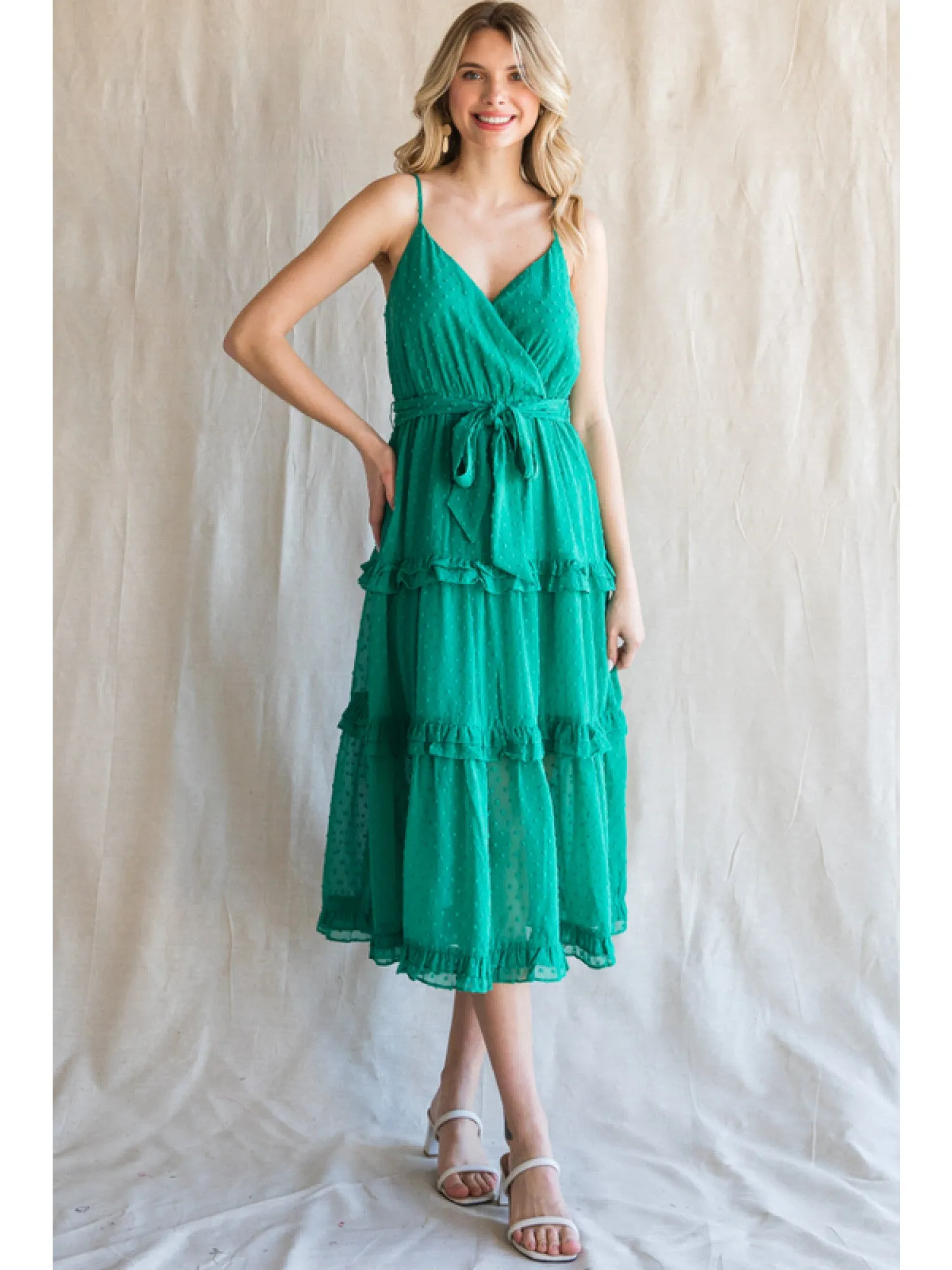 Jodifl Emerald Green Chiffon Swiss Dot Midi Dress With Surplice Neckline