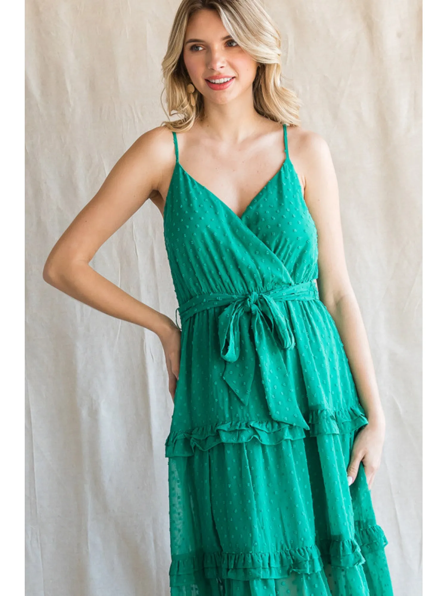 Jodifl Emerald Green Chiffon Swiss Dot Midi Dress With Surplice Neckline