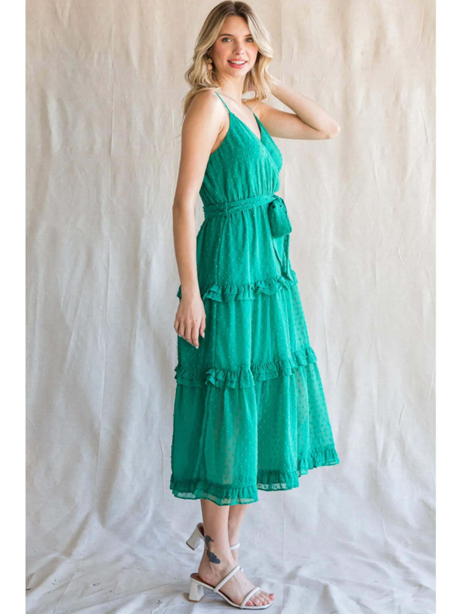 Jodifl Emerald Green Chiffon Swiss Dot Midi Dress With Surplice Neckline