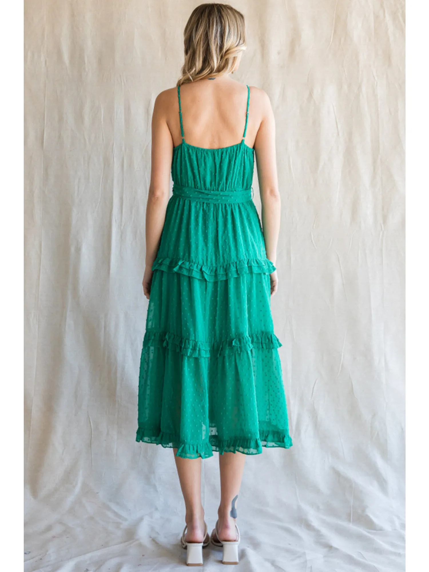 Jodifl Emerald Green Chiffon Swiss Dot Midi Dress With Surplice Neckline