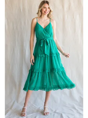 Jodifl Emerald Green Chiffon Swiss Dot Midi Dress With Surplice Neckline