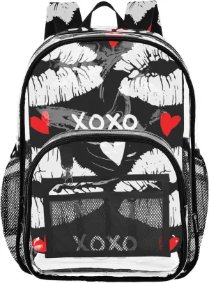 Kids Backpack for Girls Red White Lipstick Kiss XOXO Clear Backpack for Women Approved Shoulder Bag