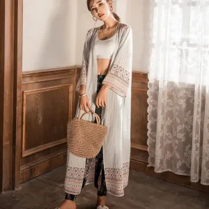 Kimono Boho Striped Printed Long Womens Cardigan Cotton Beach Cover Up