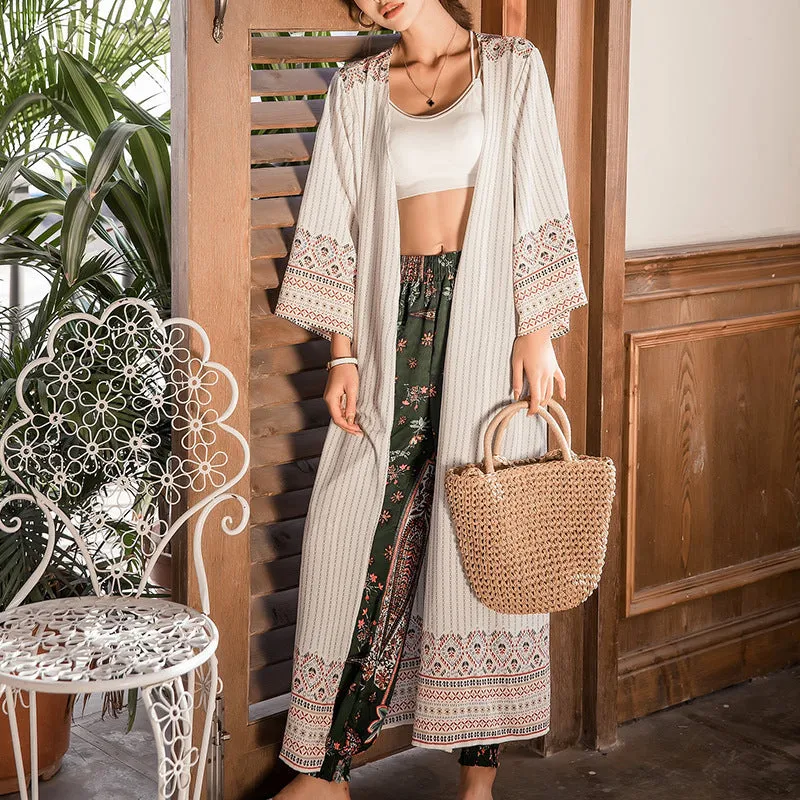 Kimono Boho Striped Printed Long Womens Cardigan Cotton Beach Cover Up