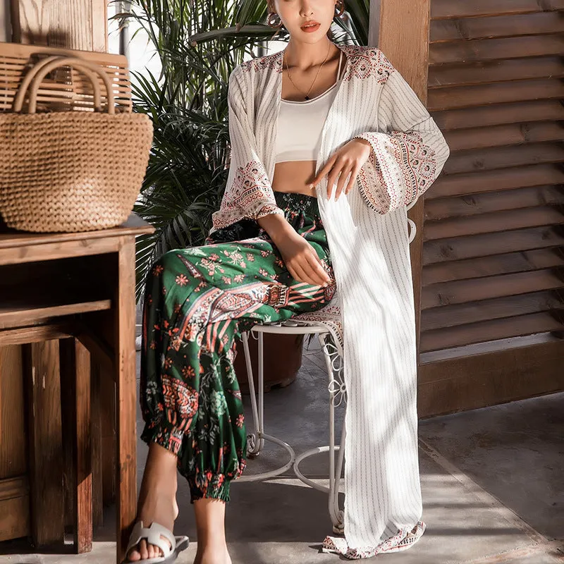 Kimono Boho Striped Printed Long Womens Cardigan Cotton Beach Cover Up