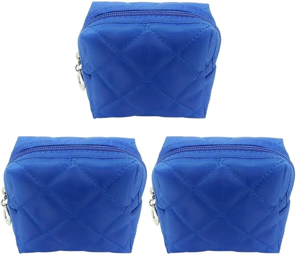 Kingsley 3 Pack Quilted Cosmetic Bag - Multi-Purpose Zipper Coin Purse Pouch - Handy Organizer - Cosmetic Bag Organizer Pouch for Travel with Zipper, Blue