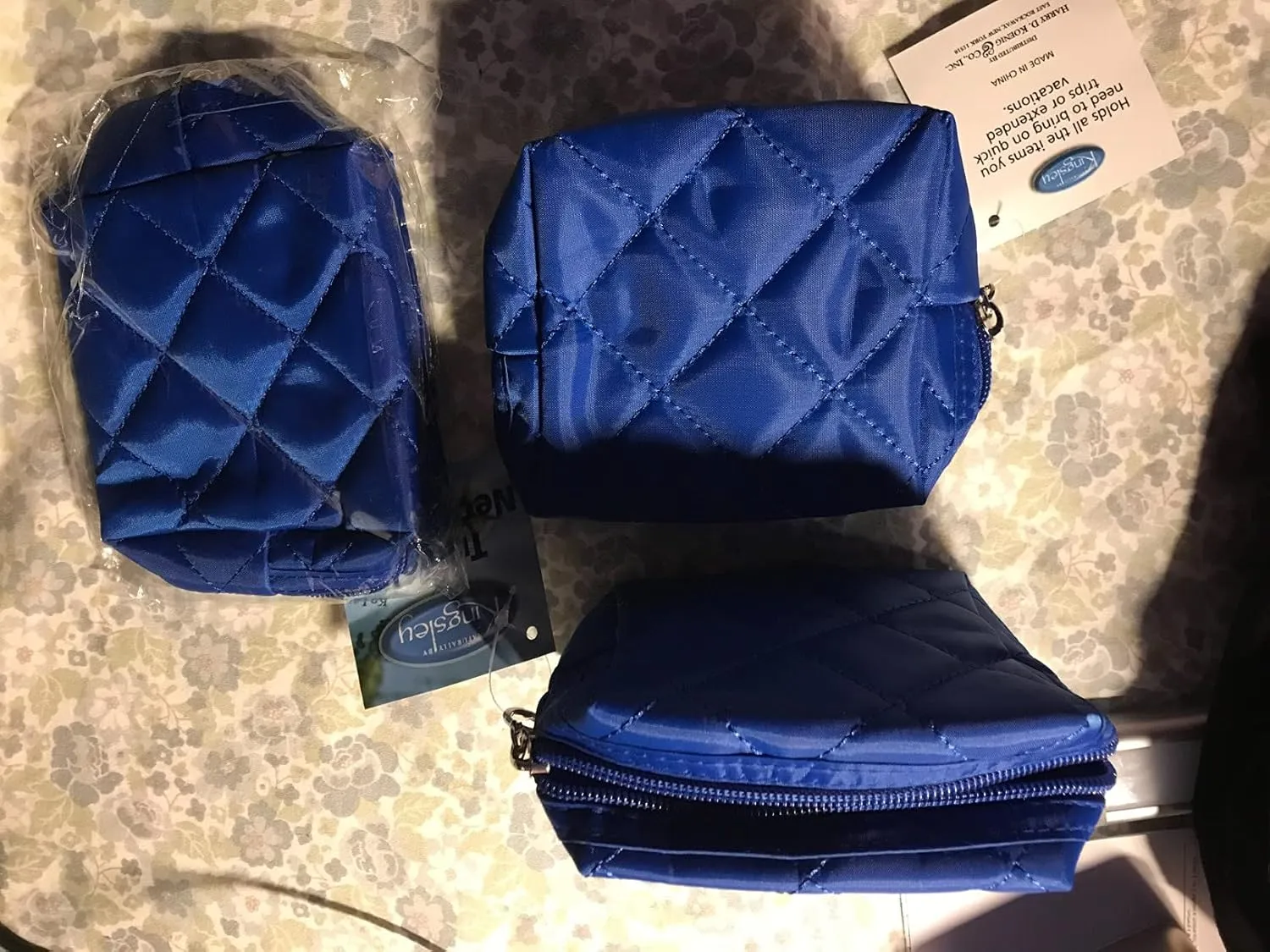 Kingsley 3 Pack Quilted Cosmetic Bag - Multi-Purpose Zipper Coin Purse Pouch - Handy Organizer - Cosmetic Bag Organizer Pouch for Travel with Zipper, Blue