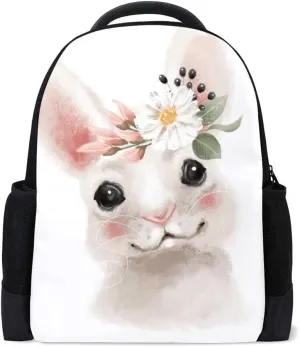 Kuizee Classic Backpack Schoolbag Adjustable Padded Shoulder Straps Daypack Cute White Bunny Rabbitwreath Flowers Watercolor Portrait Casual Bags Durable College Daily 16Inch