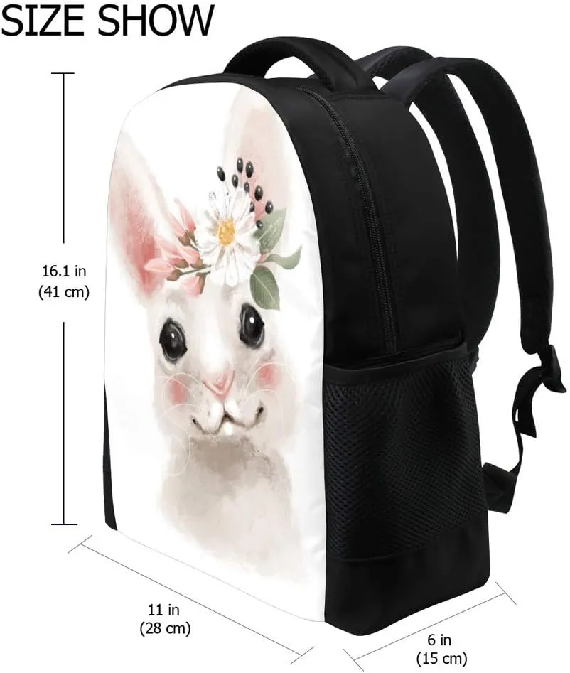 Kuizee Classic Backpack Schoolbag Adjustable Padded Shoulder Straps Daypack Cute White Bunny Rabbitwreath Flowers Watercolor Portrait Casual Bags Durable College Daily 16Inch