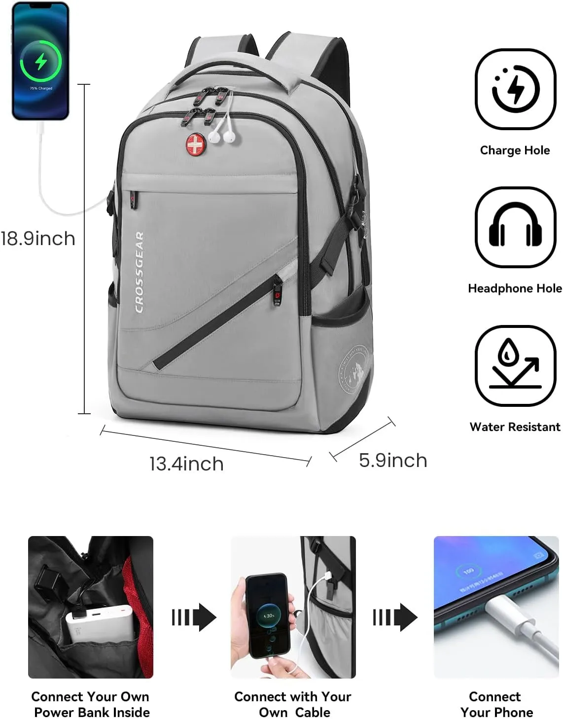 Large Travel Backpack Anti-Theft Laptop Bag with Password Lock Water Resistant Bookbag Airline Approved Business Work Computer Bag with USB Charging Port Fit 17.3 Inch Laptops for Men Women