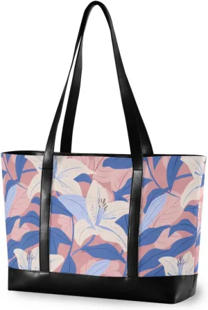 Large White Lily Flowers Blue Leaves modern bags for women with zipper laptop tote bag for work for flight with lunch maletin ejecutivo para mujer