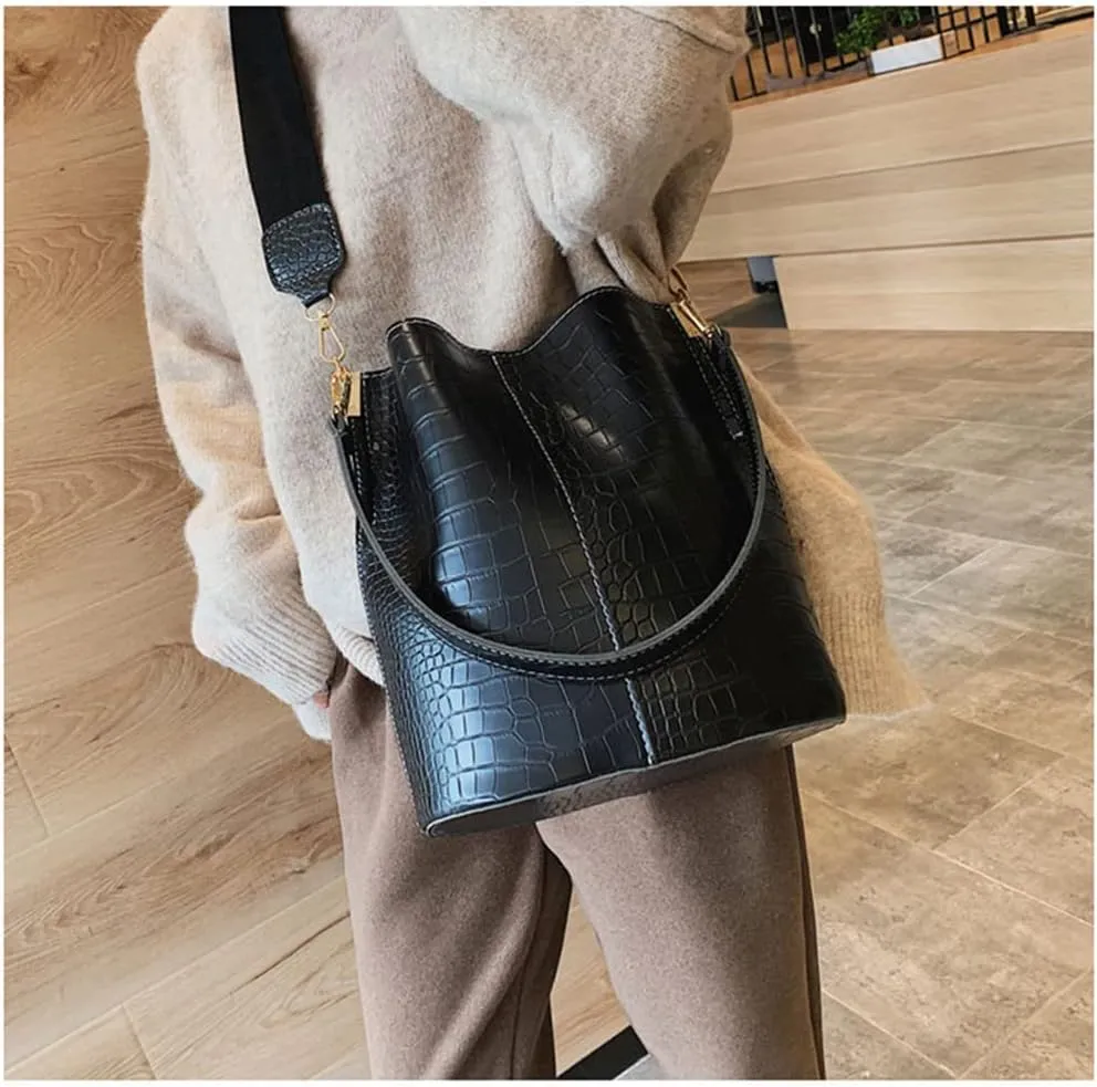 Leather Bucket Bag Crossbody Bag for Women Fashion Classic Crocodile Pattern Large Shoulder Bag Handbag Purses (Brown)