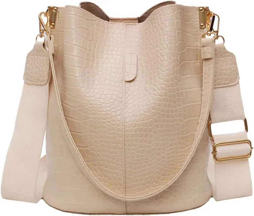 Leather Bucket Bag Crossbody Bag for Women Fashion Classic Crocodile Pattern Large Shoulder Bag Handbag Purses (Brown)
