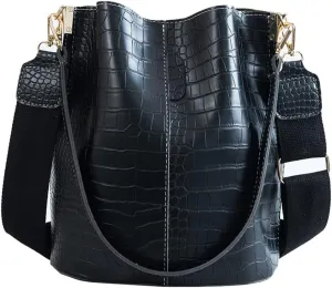 Leather Bucket Bag Crossbody Bag for Women Fashion Classic Crocodile Pattern Large Shoulder Bag Handbag Purses (Brown)