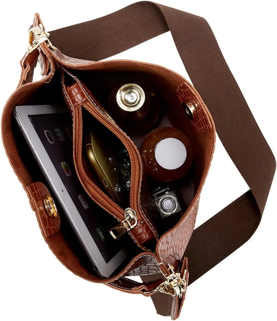 Leather Bucket Bag Crossbody Bag for Women Fashion Classic Crocodile Pattern Large Shoulder Bag Handbag Purses (Brown)