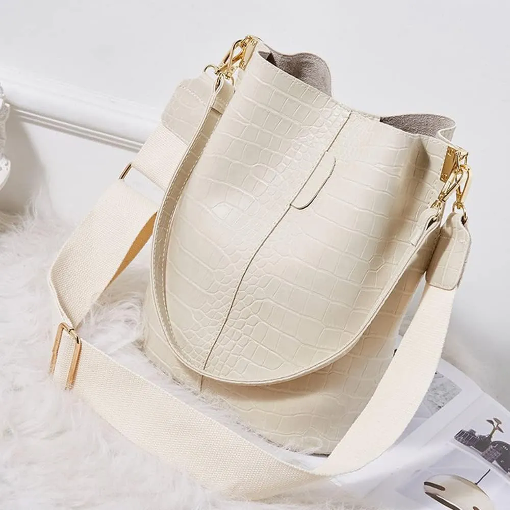 Leather Bucket Bag Crossbody Bag for Women Fashion Classic Crocodile Pattern Large Shoulder Bag Handbag Purses (Brown)
