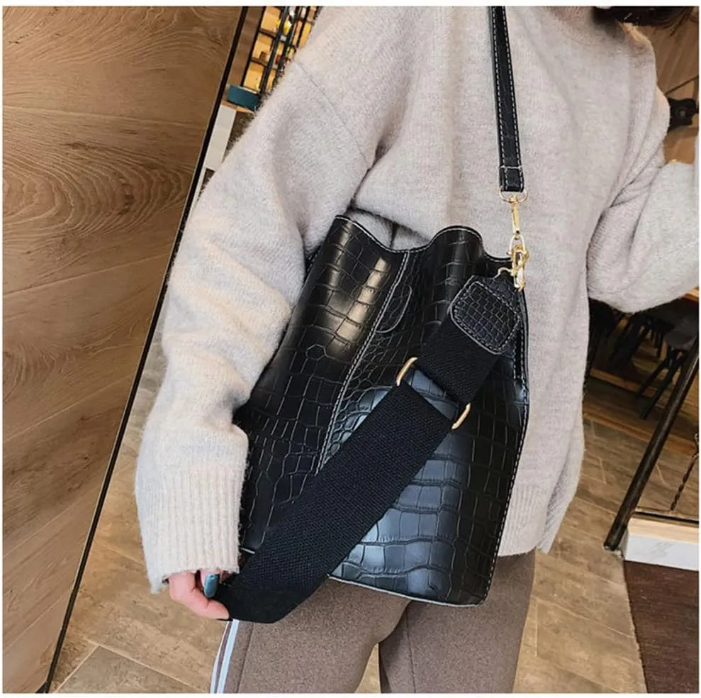 Leather Bucket Bag Crossbody Bag for Women Fashion Classic Crocodile Pattern Large Shoulder Bag Handbag Purses (Brown)
