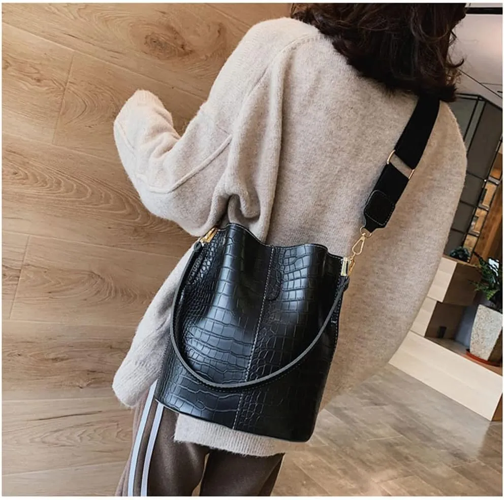 Leather Bucket Bag Crossbody Bag for Women Fashion Classic Crocodile Pattern Large Shoulder Bag Handbag Purses (Brown)