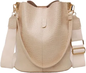 Leather Bucket Bag Crossbody Bag for Women Fashion Classic Crocodile Pattern Large Shoulder Bag Handbag Purses (Brown)