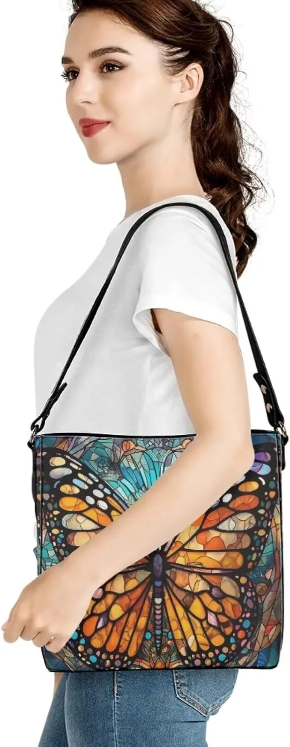Leather Bucket Bags for Women Boho Mosaic Folk Art Hobo Bags Shoulder Tote Purse Handbags with Adjustable Strap