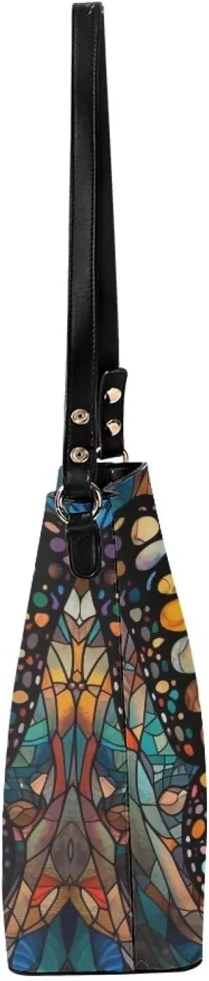 Leather Bucket Bags for Women Boho Mosaic Folk Art Hobo Bags Shoulder Tote Purse Handbags with Adjustable Strap