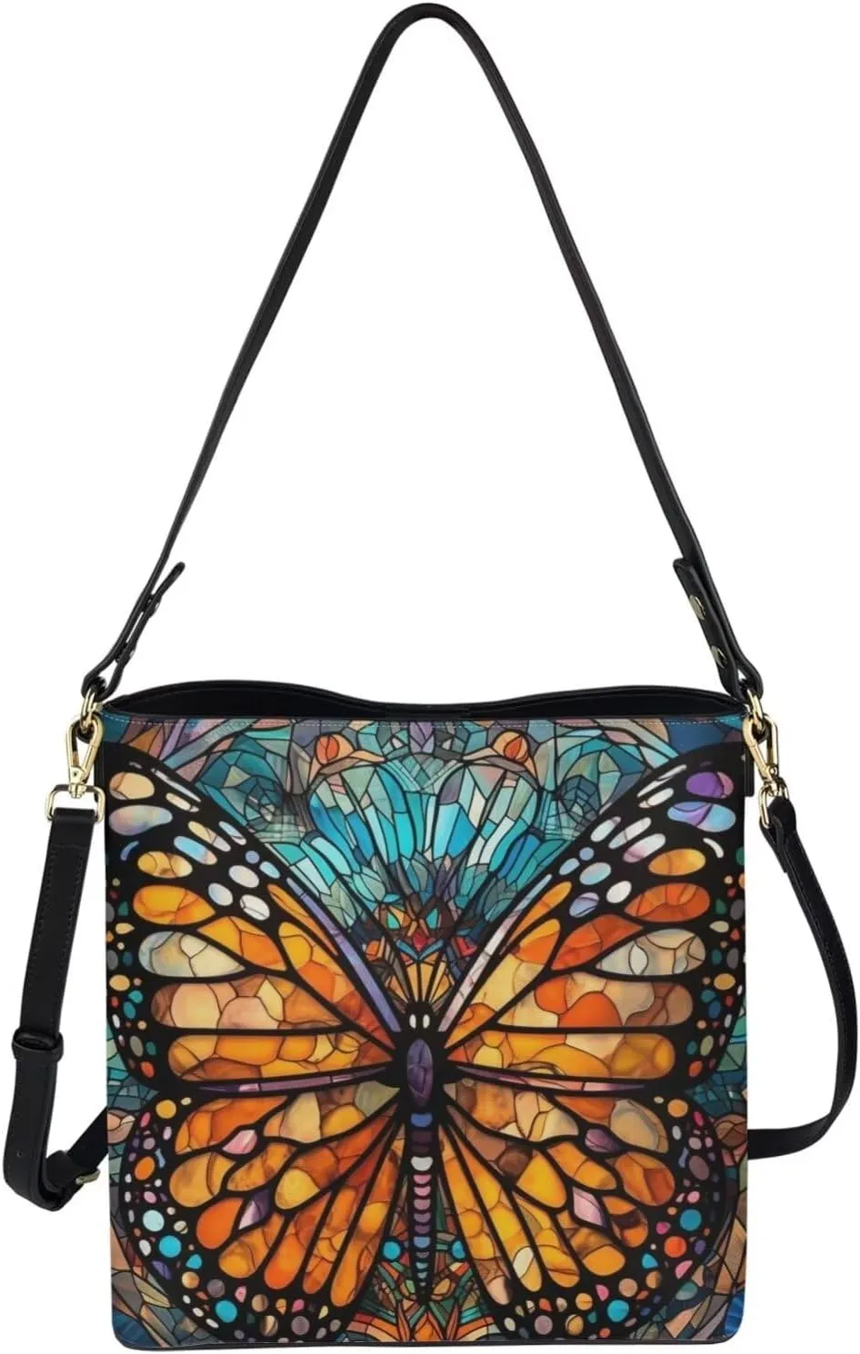 Leather Bucket Bags for Women Boho Mosaic Folk Art Hobo Bags Shoulder Tote Purse Handbags with Adjustable Strap