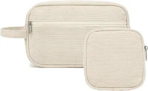 LEDAOU 2Pcs Travel Large Makeup Bag Cosmetic Bag Small Corduroy Makeup Pouch with Zipper Cute Travel Toiletry Essentials for Women Teen Girls
