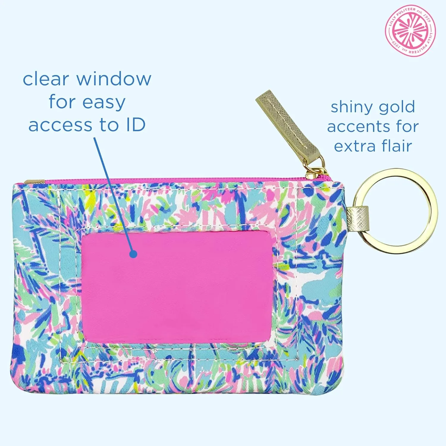 Lilly Pulitzer ID Holder Wallet, Blue Keychain Wallet with Zip Close, Cute Card and ID Case for Women, Cabana Cocktail