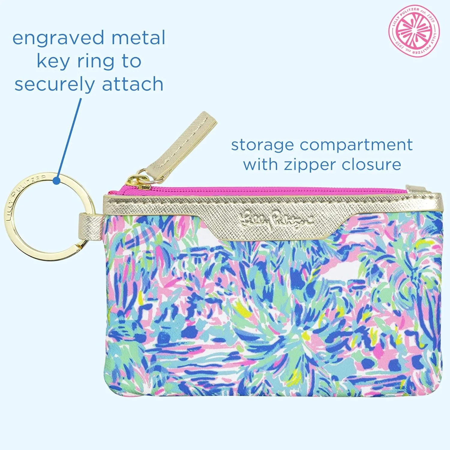 Lilly Pulitzer ID Holder Wallet, Blue Keychain Wallet with Zip Close, Cute Card and ID Case for Women, Cabana Cocktail