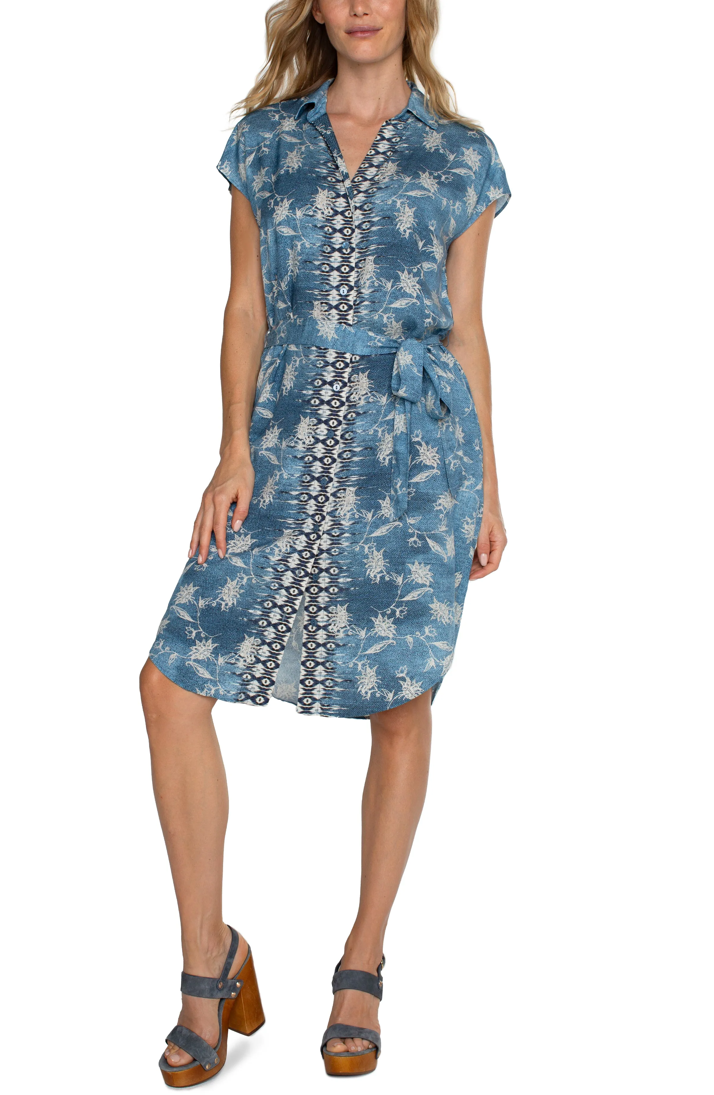 Liverpool Collard Button Front Dress With Belt In Blue Patchwork Floral