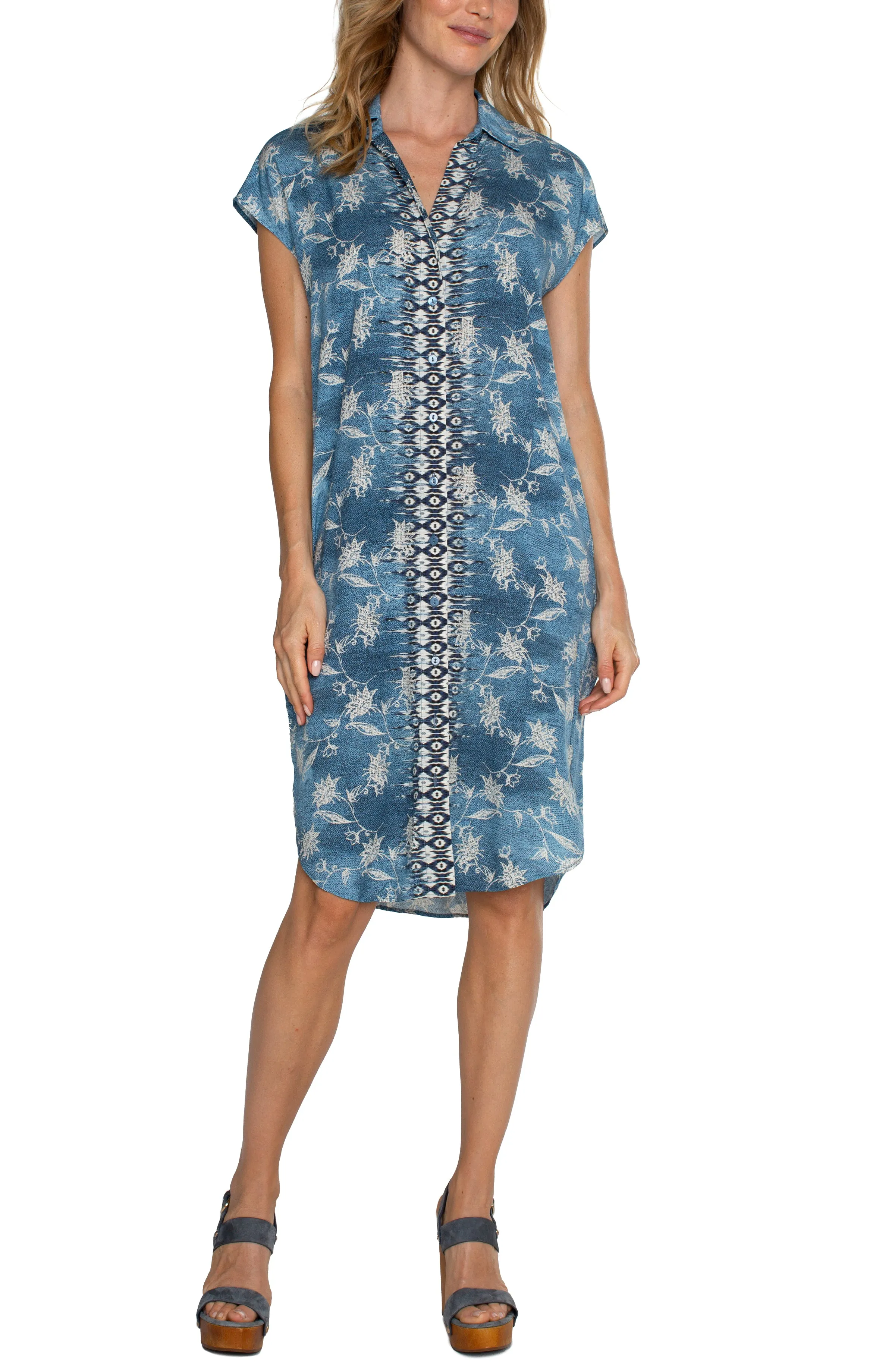 Liverpool Collard Button Front Dress With Belt In Blue Patchwork Floral