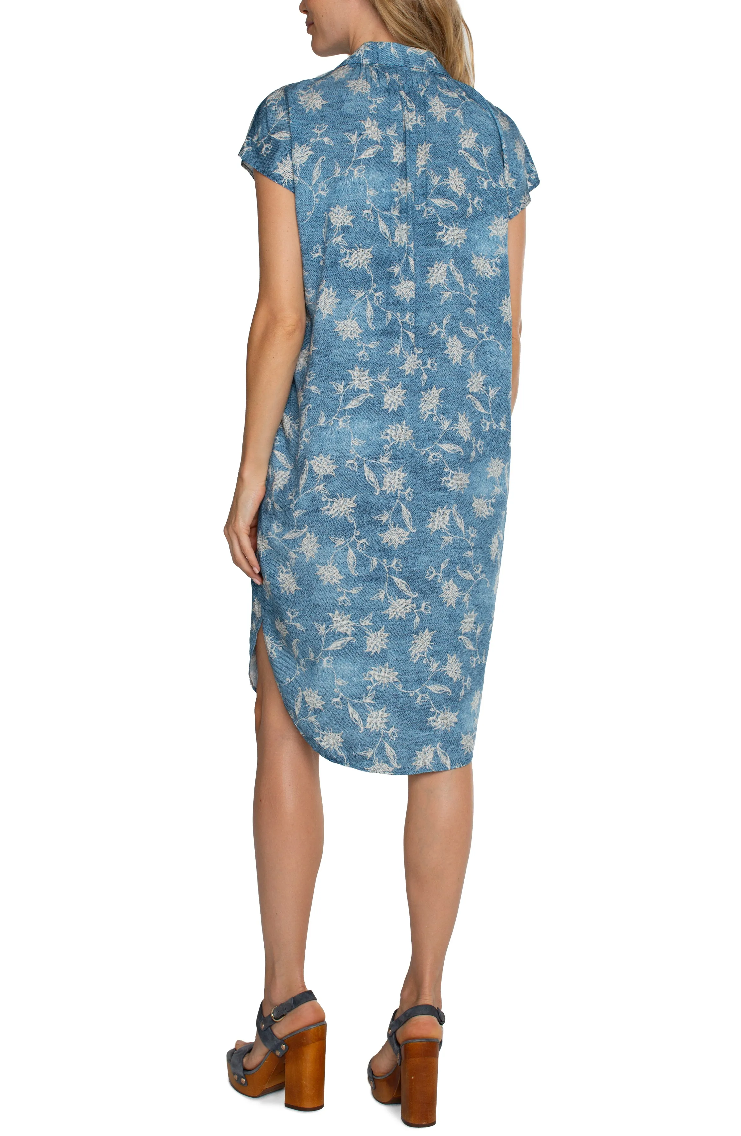 Liverpool Collard Button Front Dress With Belt In Blue Patchwork Floral
