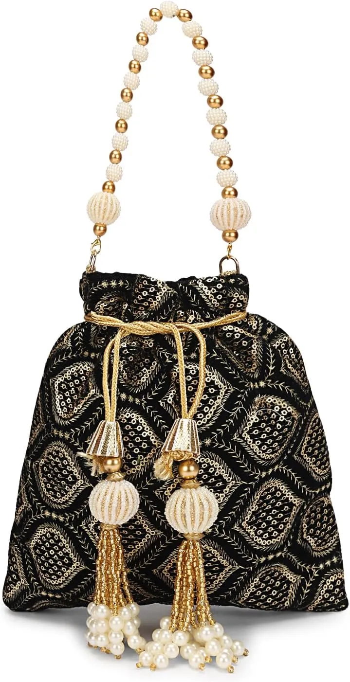 LONGING TO BUY Indian Embroidered Pearl Potli Bag For Women, Sequence Design with Tassel, Wedding Potli Bags
