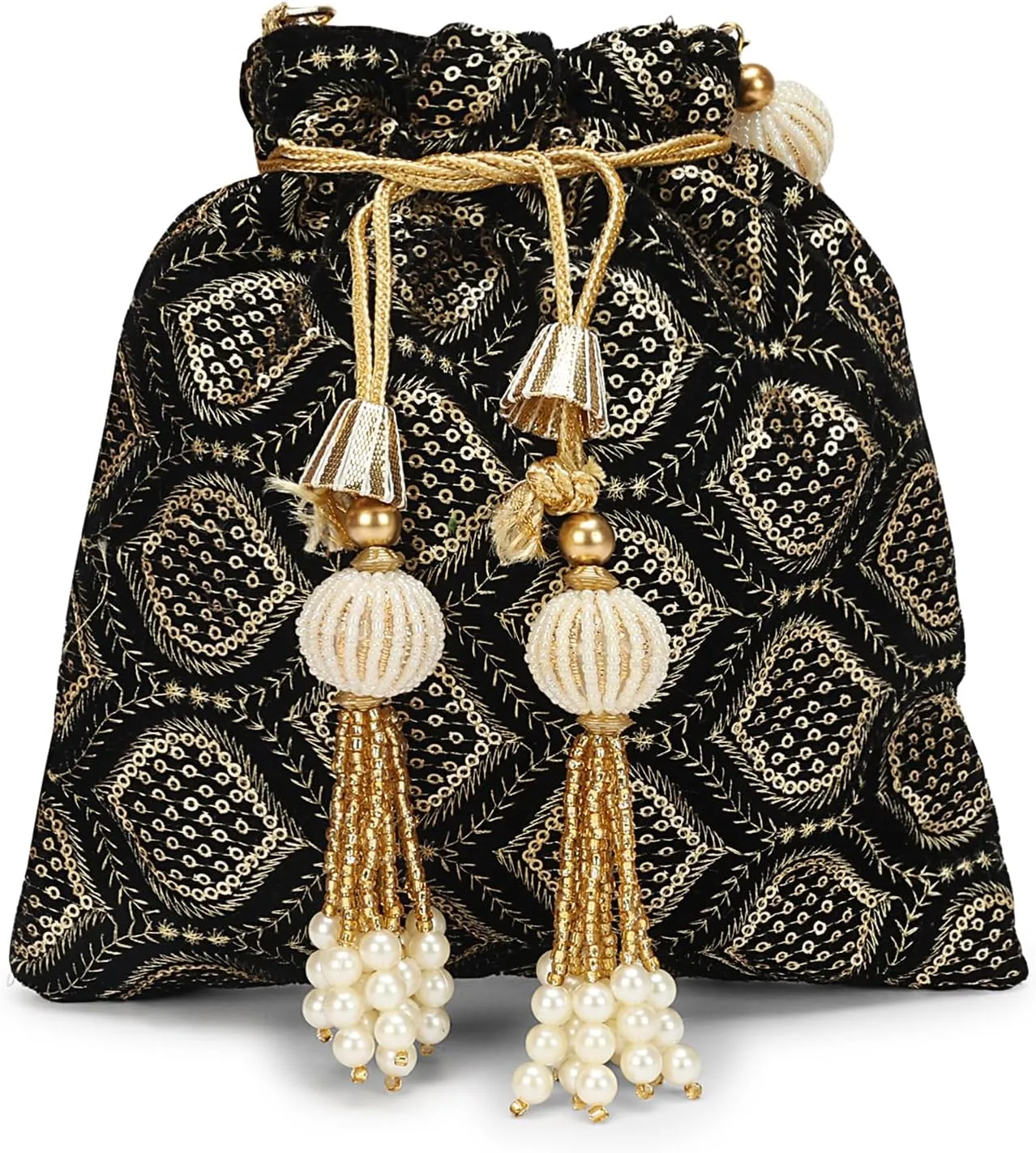 LONGING TO BUY Indian Embroidered Pearl Potli Bag For Women, Sequence Design with Tassel, Wedding Potli Bags