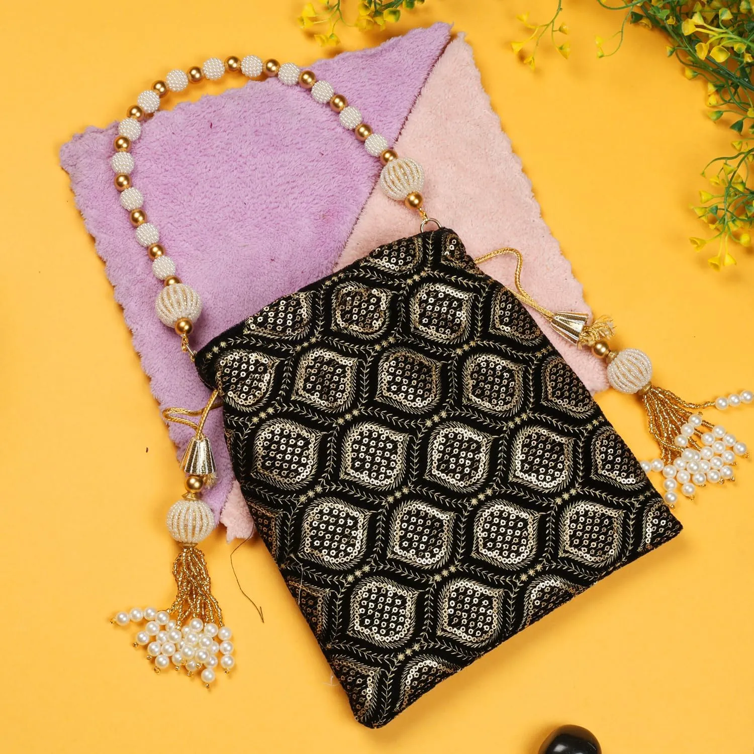LONGING TO BUY Indian Embroidered Pearl Potli Bag For Women, Sequence Design with Tassel, Wedding Potli Bags