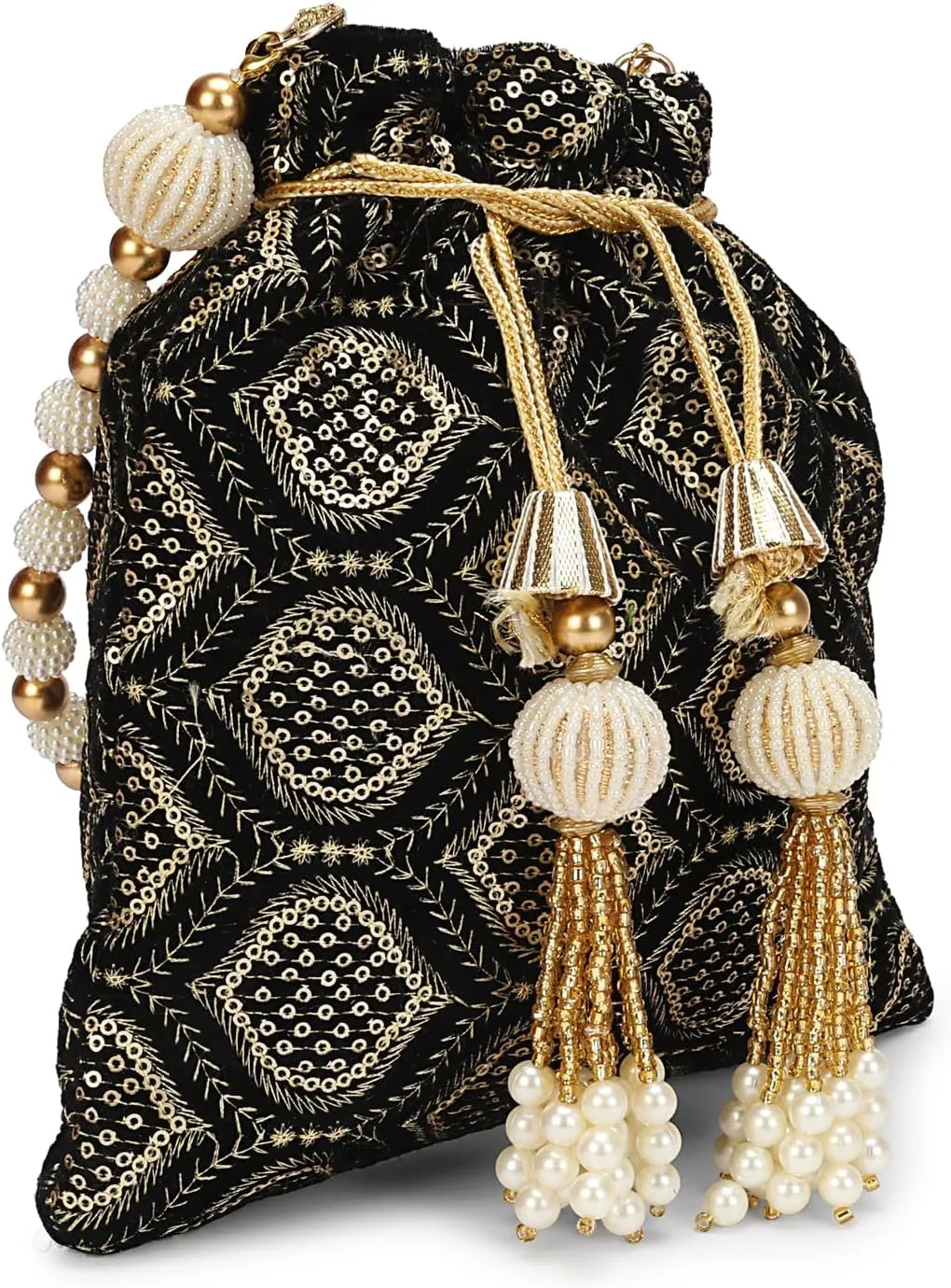 LONGING TO BUY Indian Embroidered Pearl Potli Bag For Women, Sequence Design with Tassel, Wedding Potli Bags
